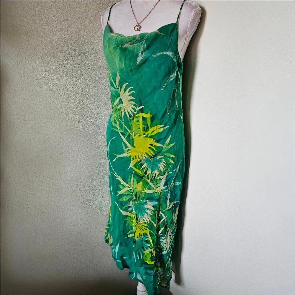 Vintage Rene Derhy Green Tropical Floral Embroidered Fairy Midi Dress